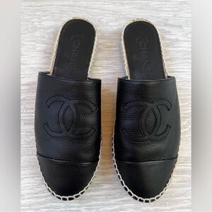 CHANEL Black Leather Espadrilles